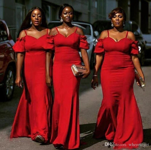 Plus Size Wedding Guest Dresses Cheap New Charming Cheap Red Bridesmaid Dresses African Spaghetti Straps Short Sleeves Maid Honor Gowns Mermaid Satin Wedding Guest Dress Plus Size E
