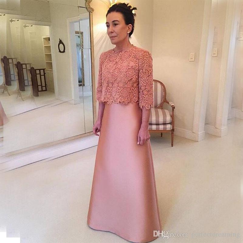 Plus Size Wedding Guest Dresses Cheap Unique Elegant Pink A Line Mother the Bride Dresses with Lace Jacket Bow Back Full Length Half Sleeves Satin Mother S Wedding Guest Dresses