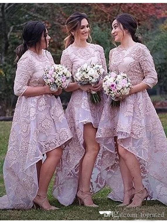 Plus Size Wedding Guest Dresses with Sleeves New 2017 Full Lace Elegant Bridesmaid Dresses Jewel Half Sleeves formal Wedding Guest Dresses Custom Made High Low Maid Honor Plus Size Cheap
