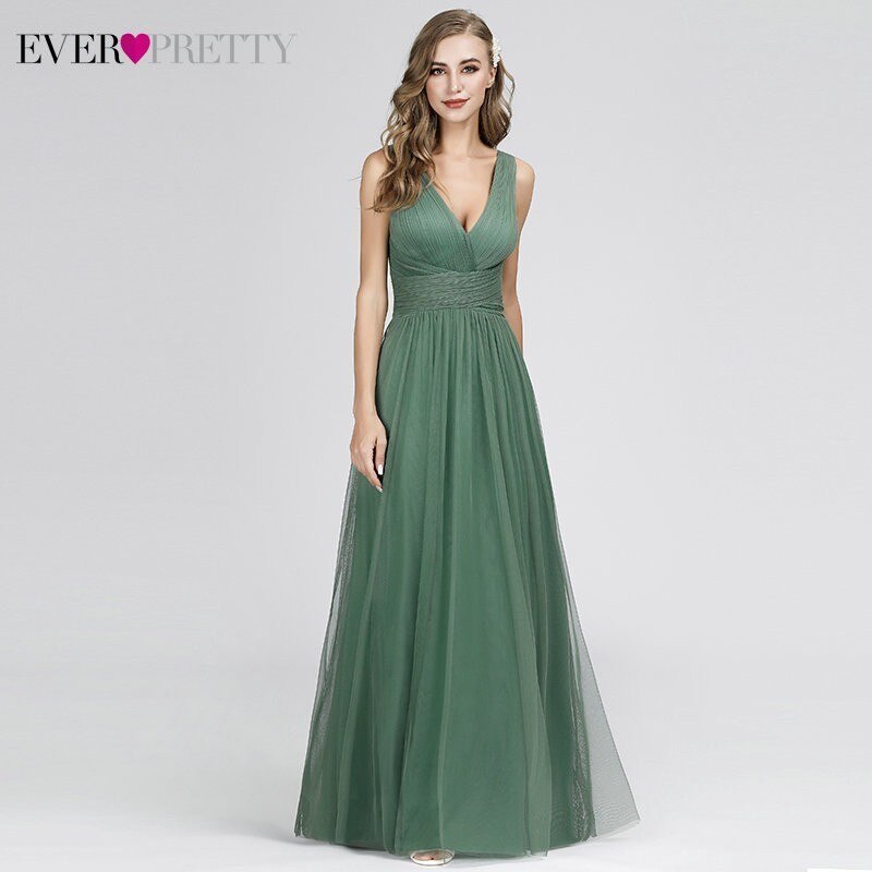 New Bridesmaids Dresses 2019 Ever Pretty EP OD Elegant A Line V Neck Long Tulle Pleated Wedding