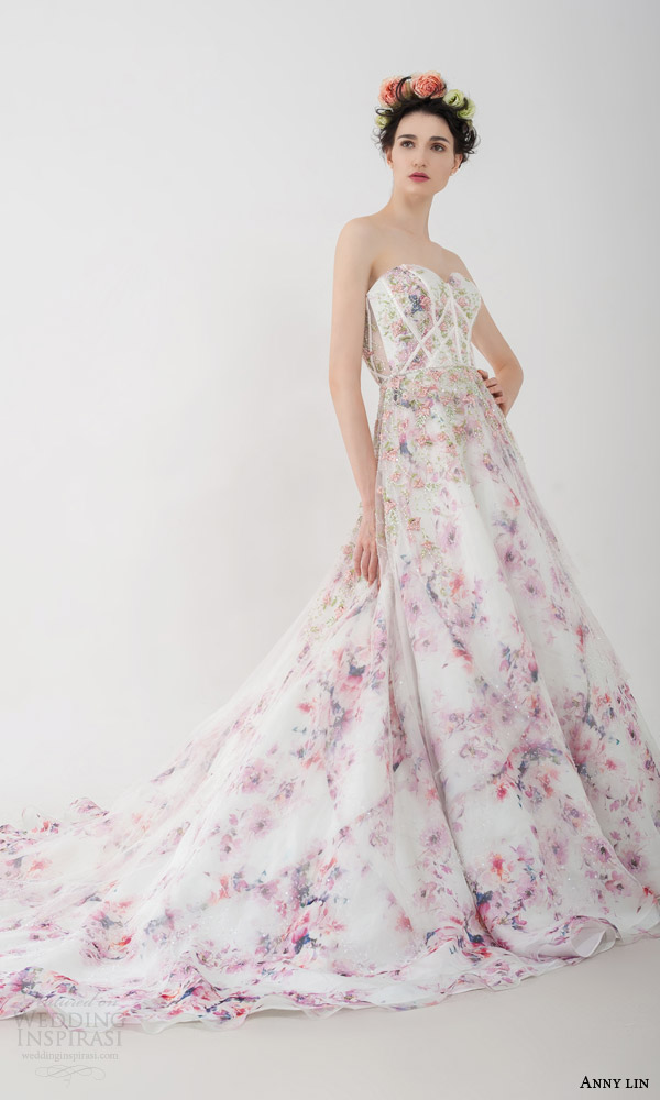 anny lin bridal 2016 felicia strapless romantic multi colored floral print wedding dress sweetheart neckline