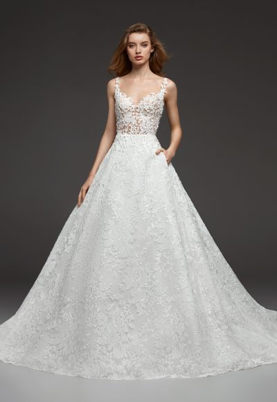 pronovias illusion beaded lace v neck bodice ball gown lace wedding dress 400x580