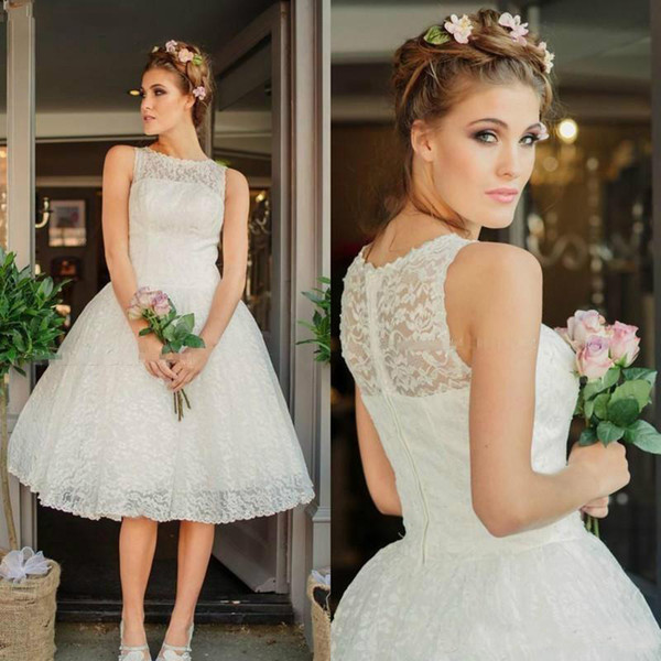 Reception Gown for Bride Unique Discount Vintage Tea Length Short Lace Wedding Dresses Sleeveless A Line Women Informal Outdoor Reception Gowns 1950s Bridal Gowns Pink Wedding