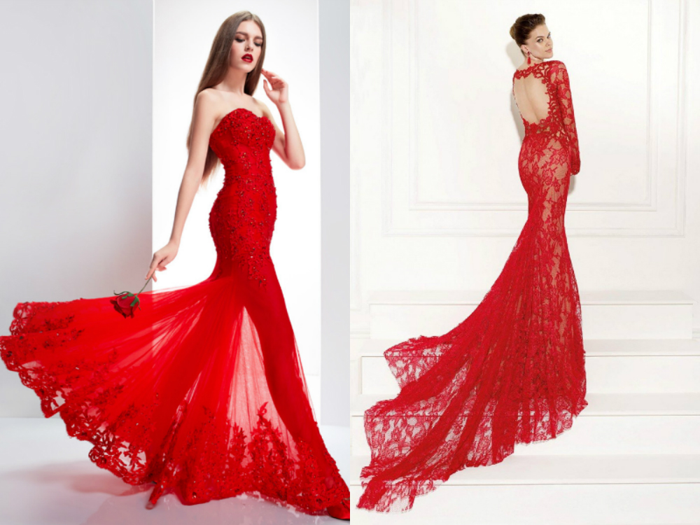 Red mermaid wedding dresses with long trains uk