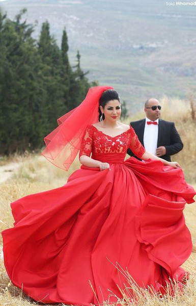 Red Wedding Dresses Plus Size Best Of Großhandel Designer Hijab Abendkleid Für Mollige Mädchen Halbarm Spitze Appliques top Puffy Taft Rock Lang Plus Size Red Abendkleid Von Hongjinghao