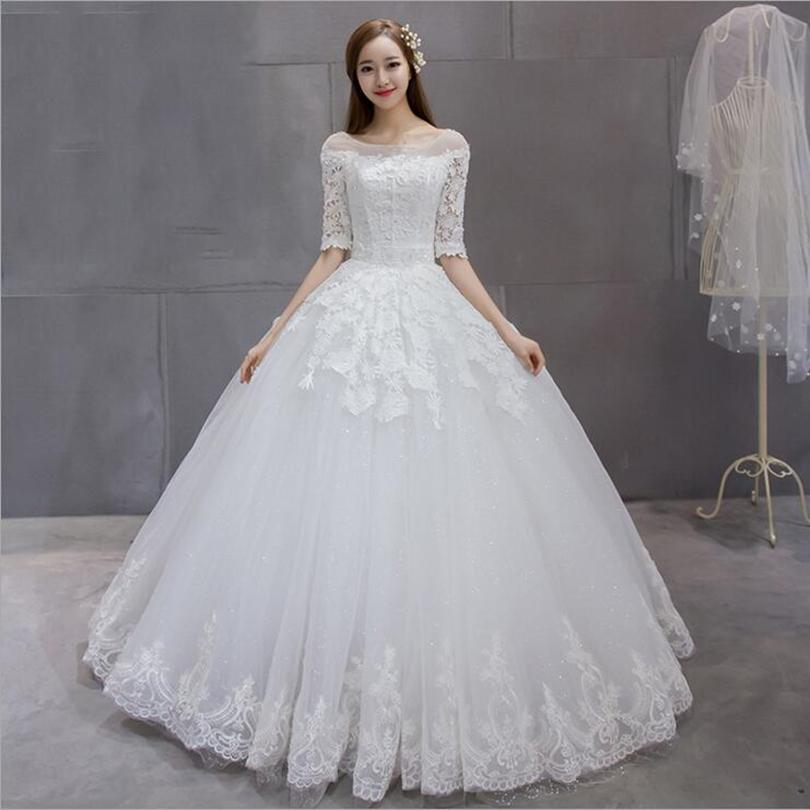 scoop neck lace tulle ball gown wedding dress