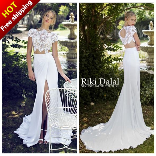 2015 Riki Dalal Summer Chiffon Beach Wedding Dresses Mermaid Halter Lace Two Piece Front Slit Backless