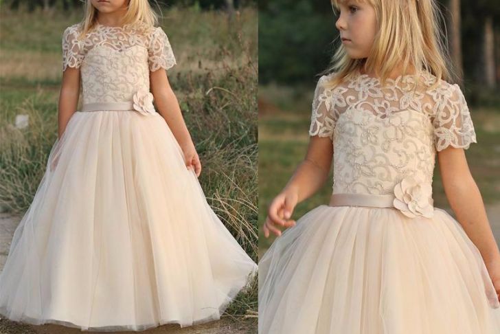 Rustic Wedding Flower Girl Dresses Unique 2017 Country Wedding Flower Girl Dresses with Short Sleeve Lace Appliques Beaded Hand Made Flower Princess evening Girl Pageant Dress