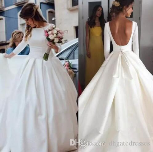 Satin A Line Wedding Dresses Luxury Simple Cheap Wedding Dresses 2018 New Fashion Satin A Line Long Sleeves Backless Wedding Dress Y Bridal Gowns
