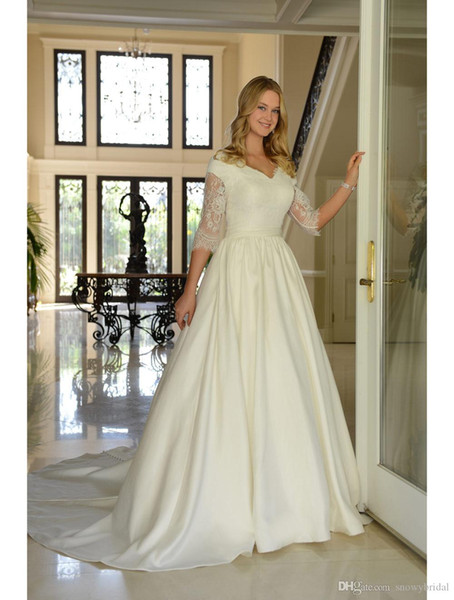 Satin and Lace Wedding Dresses Elegant Discount Lace Satin Modest Wedding Dresses with 3 4 Sleeves Vintage Women formal Ceremony Bridal Gowns Country Wedding Gowns Custom Made 2019 New Best