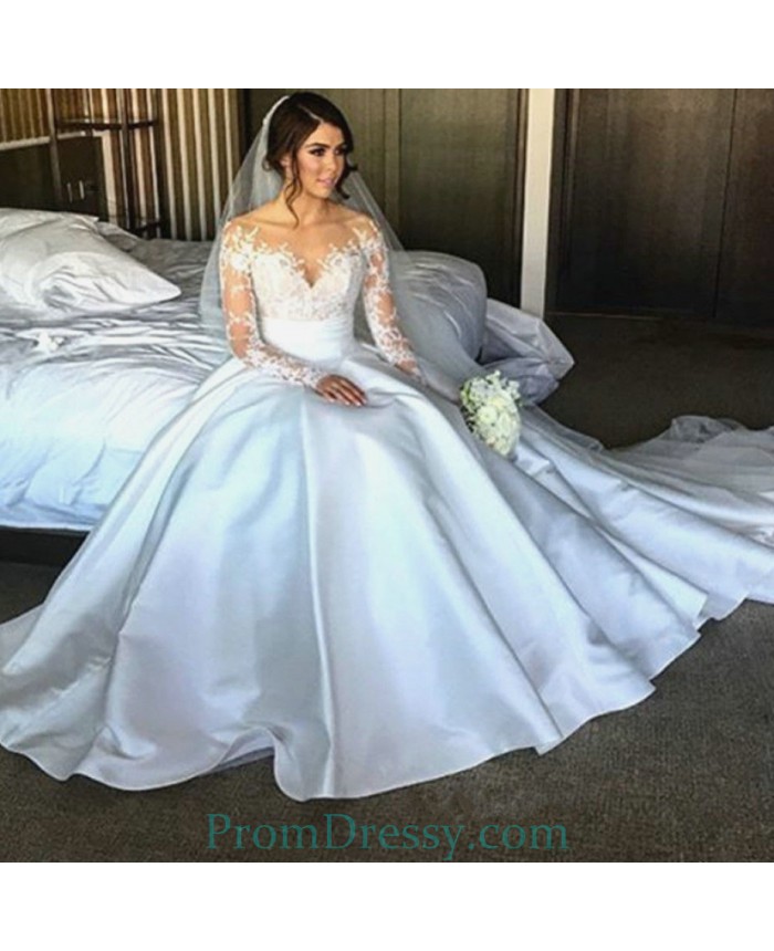 Sheer Long Sleeves f The Shoulder Satin Ball Gown Wedding Dresses For Short Girls 700x860