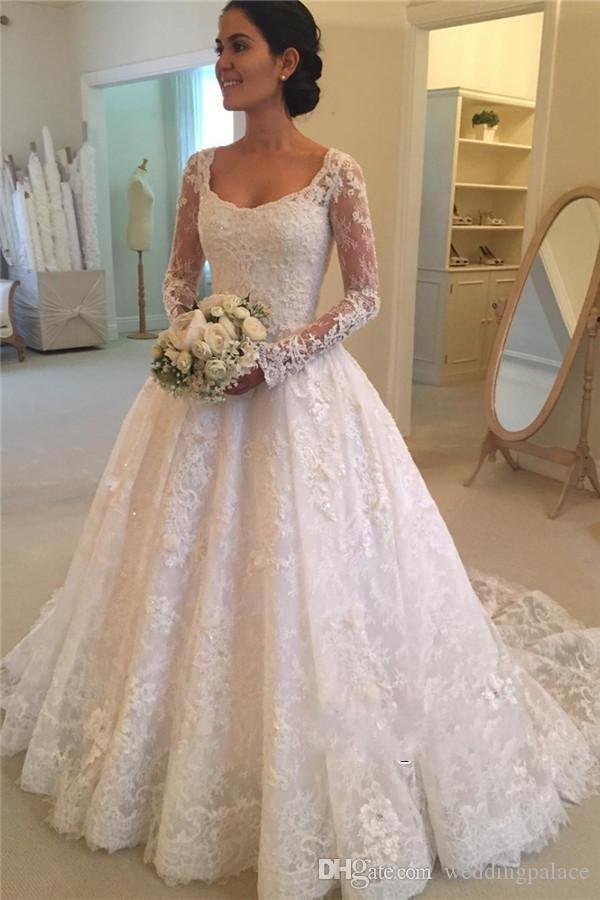 Scoop Neck Wedding Dresses Luxury Scoop Neck A Line Vintage Lace Wedding Dresses with Long Sleeves button Back Appliques Beaded Bridal Wedding Gowns