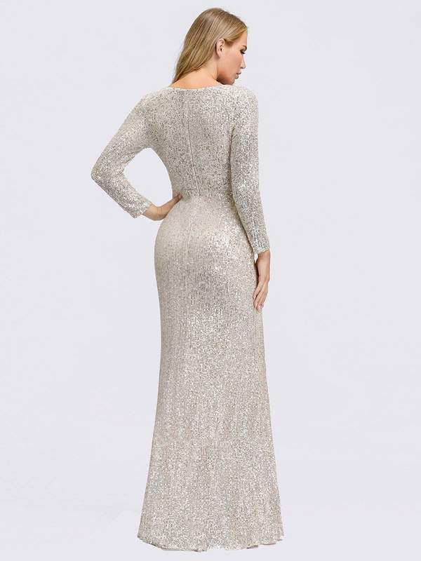 Semi formal Dresses for Wedding Guest New Shiny V Neck Long Sleeve Sequin evening Party Dress