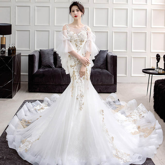 Vestido De Noiva 2018 Luxury Gold Lace Mermaid Wedding Dress y See Through Embroidery Short Sleeve 640x640q70