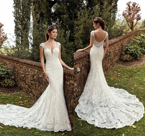 Sexy Dresses for A Wedding Elegant Stunning Full Lace Mermaid Wedding Dresses 2019 Y Open Back Cap Sleeve Appliqued Sweep Train Robe De Marriage Bridal Gowns Couture Wedding Gowns