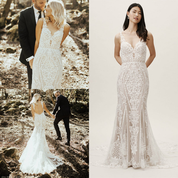 Sexy Dresses for Wedding Elegant 2019 Bhldn Lace Mermaid Wedding Dresses V Neck Appliqued Sleeveless Country Wedding Dress Y Backless Plus Size Bohemian Bridal Gowns Bridal Party