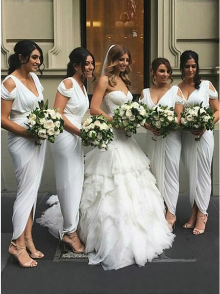 Sheath Bridesmaid Dress Elegant White Ruched Sheath Bridesmaid Dress 2019 Cheap Arabic Short Sleeve formal Party Gown Wedding Guest Dresses Bridesmaid Dress Colors Bridesmaid Dress