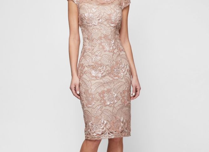 Sheath Style Dress Elegant Knee Length Sequin Lace Sheath with Cap Sleeves Style