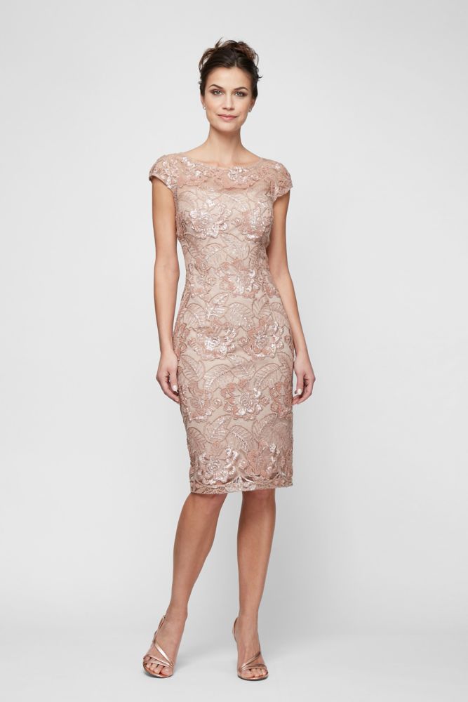 Sheath Style Dress Elegant Knee Length Sequin Lace Sheath with Cap Sleeves Style