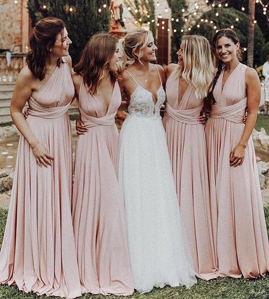 Shop Wedding Guest Dresses Unique 2019 Baby Pink Convertible Style Bridesmaid Dresses Pleats Floor Length Maid Honor Wedding Guest Gown formal evening Dresses Custom Made Bridesmaid