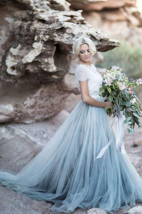 Short Blue Wedding Dress Beautiful Elegant Short Sleeves Lace Tulle Prom Dresses Beach Wedding
