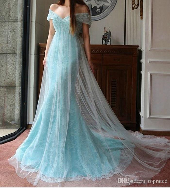 Short Blue Wedding Dress Elegant 2019 Light Sky Blue Wedding Dresses Vestido De Noiva F Shoulder Short Sleeve Lace Mermaid Long 2019 New Elegant Bridal Gowns Custom Size