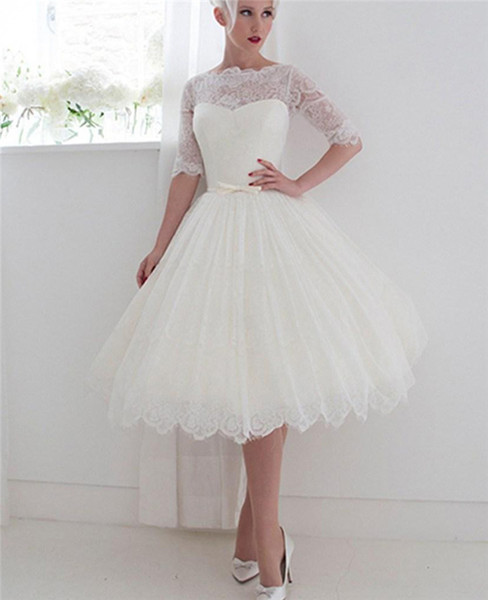 Short Bridal Dresses Beautiful Discount 1950 S Style Short Wedding Dresses 2018 Bateau Lace Ribbon Illusion Back Beach Spring Tea Length Bridal Gowns Lace with Half Sleeves Wedding
