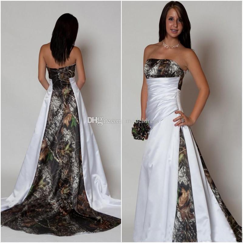Short Camouflage Wedding Dresses New Discount New Design Camo Wedding Dress 2018 Strapless Pleats A Line Sweep Train Satin Country Beach Bridal Gowns Plus Size Cheap Custom Made Princess