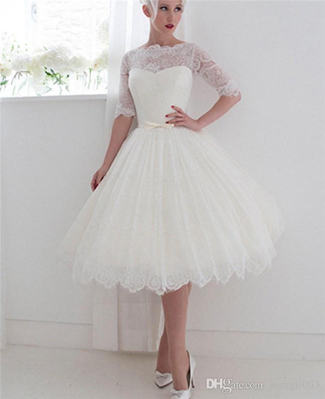 Short Colored Wedding Dresses Awesome 1950 S Style Short Wedding Dresses Bateau Lace Ribbon Illusion Back Beach Spring Tea Length Bridal Gowns Lace with Half Sleeves