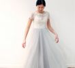 Short Lace Wedding Dresses Luxury Short Sleeves Key Hole Lace top Gray Skirt Wedding Dress