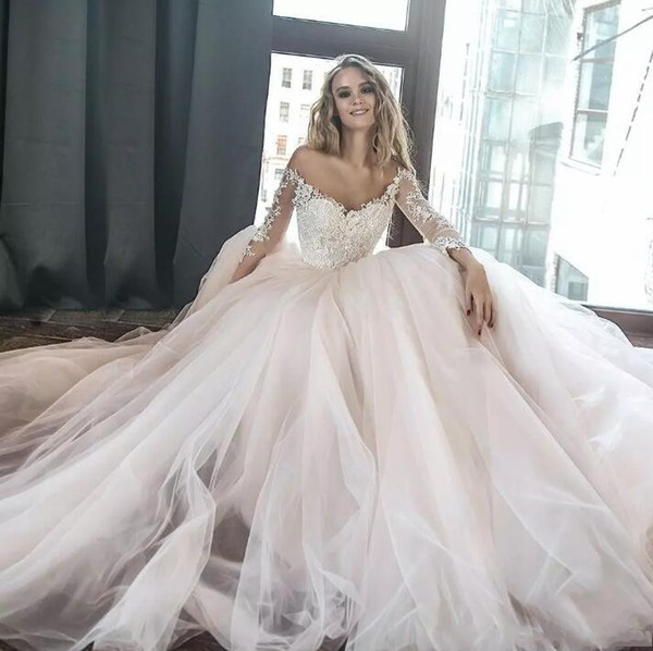 Short Off White Wedding Dresses New Discount 2018 New Elegant F Shoulders A Line Wedding Dresses Sheer Long Sleeves Lace Appliqued Tulle Long Chapel Train Bridal Gowns for Weedings
