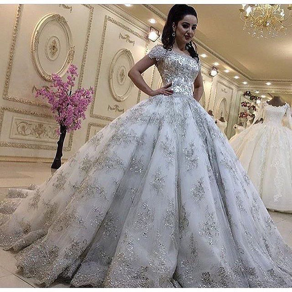Short Plus Size Wedding Dresses Elegant Luxurious Bling Lace Wedding Dresses Plus Size Princess Ball Gowns Short Sleeves Beaded Bridal Gown Arabic Dubai Vestidos De Novia Summer Wedding