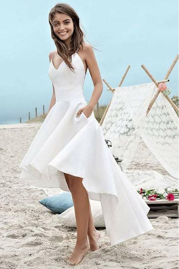 Short Simple Wedding Dresses Luxury Simple Spaghetti Straps V Neck High Low Short Prom Dress
