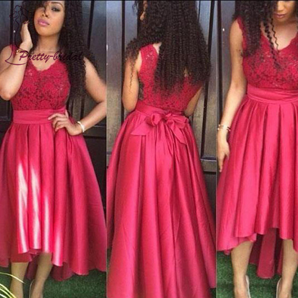 Short Sleeve Dresses for Wedding Guests New 2019 Red Hi Low Bridesmaid Dresses Lace Cap Sleeve V Neck Open Back Ribbon Bow Party Dress Wedding Guest Dresses formal Bridal Gowns Bridesmaid