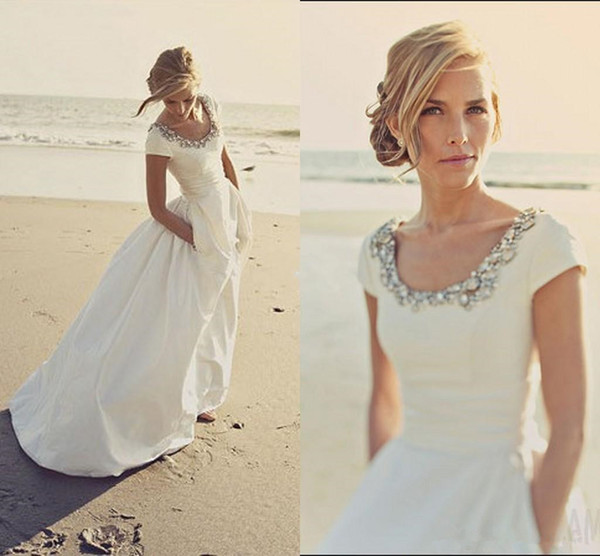 Short White Beach Wedding Dresses Awesome Discount Modern Wedding Dresses with Pockets and Short Sleeves Scoop Beading White Taffeta Cheap Spring Beach Wedding Bridal Gowns Custom Made Beach