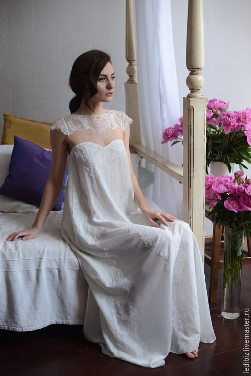 Silk and Lace Inspirational Long Silk Bridal Nightgown with Lace F2 Bridal Lingerie