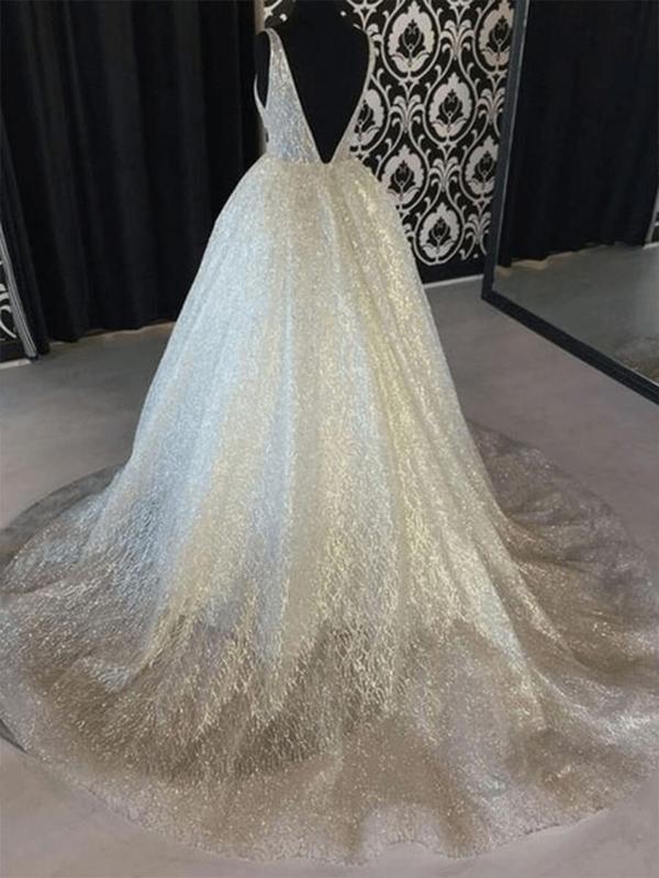 A Line Backless Beach Wedding Dress V Neck Sequins Ivory Wedding Gowns2 1200x1200