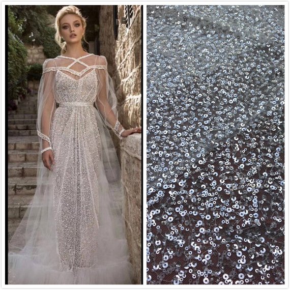 Silver Sequin Wedding Dress New New 1yard F White Heavy Beaded Transparent Crystle