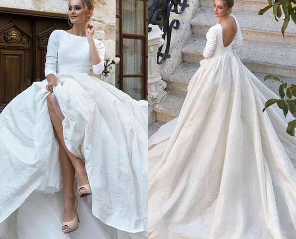 Simple Court Wedding Dresses New 2018 New Simple Satin Ball Gown Wedding Dresses 34 Long Sleeves Backless Ball Gown Court Train Custom Made Bridal Gowns Bridal Gowns Brides Dress