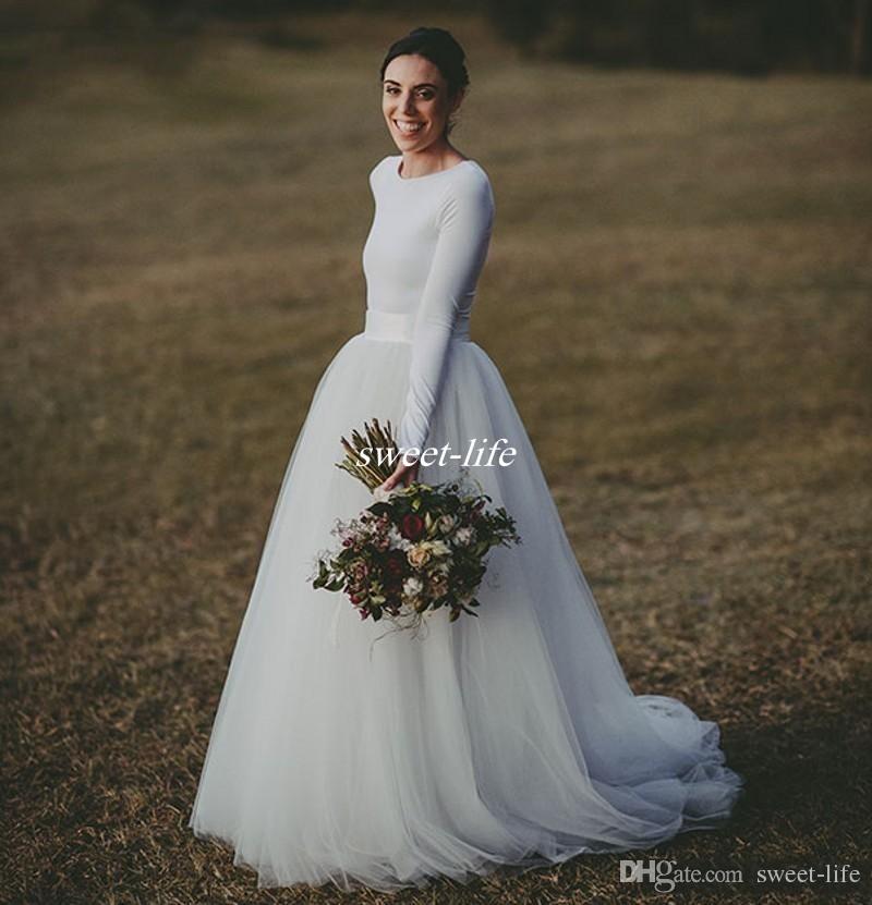 Simple Long Wedding Dresses Fresh Discount Elegant Long Sleeve Country Wedding Dresses Ivory Two Piece formal Bridal Dress Jersey and Long Tulle Wedding Gowns Simple but Modern 2017
