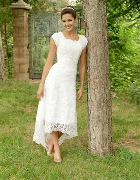 Simple Short Wedding Dresses with Sleeves New Discount Charming High Low Lace Wedding Dresses Short Sleeve Square Neck Simple Bridal Gowns Custom Made Country Garden Wedding Gowns Wedding Dresses
