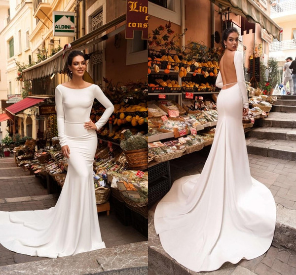 Simple Wedding Dresses Under 100$ Luxury Simple White 2019 Cheap Wedding Reception Dress Open Back with Long Sleeves Satin Court Train Discount Price Vestidos Do Novia Wedding Dress Y Lace