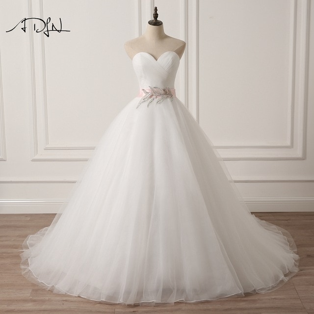 ADLN Sweetheart Sleeveless Puffy Wedding Dress with Pink Sash A line White Ivory Tulle Princess Bridal 640x640