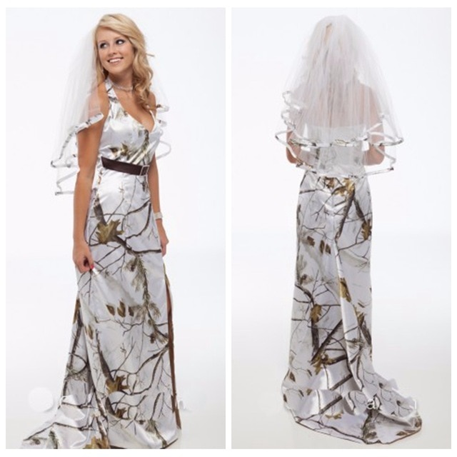 Halter White Camo Camouflage Wedding Dress With Veil Bridal Gowns Sweep Train y Split Front Long 640x640