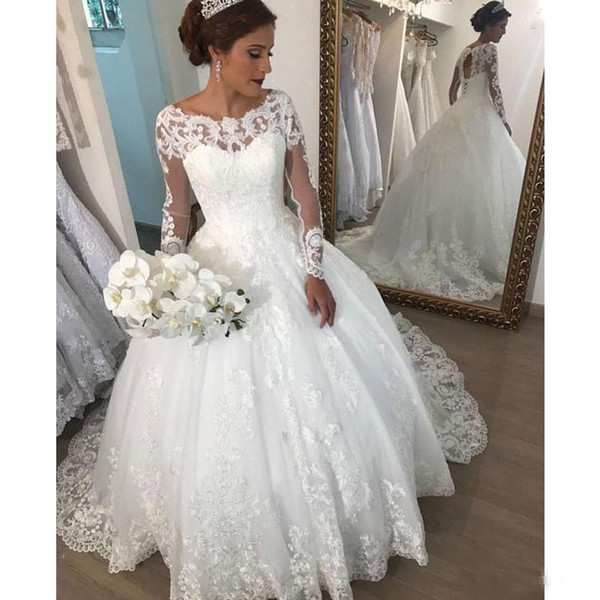 Sparkle Wedding Dresses Luxury Elegant Scoop Neck Long Sleeve Ball Gown Wedding Dress Open Back Lace Up Robe De Mariee with Lace Appliques Bridal Gowns Retro Wedding Dresses Sparkly