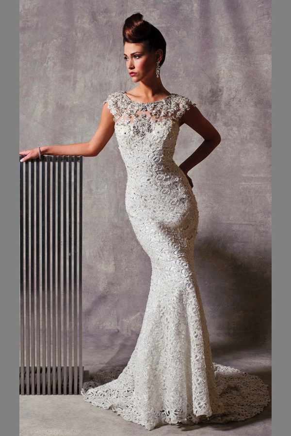 1 stephen yearick bridal gown lace sheath beaded illusion cap sleeve sweetheart wedding dress 1