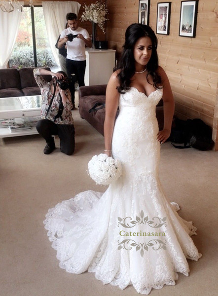 Strapless Mermaid Wedding Dress Luxury Chic Strapless Mermaid Wedding Dress with Lace Applique Fishtail Gowns Custom Made Backless Wedding Gown for Bride Fit and Flare Wedding Shops 2015