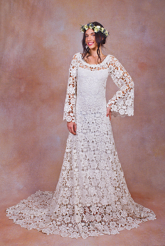 Stretch Lace Wedding Dresses Inspirational 70s Style Lace Bohemian Wedding Dress Ivory or White