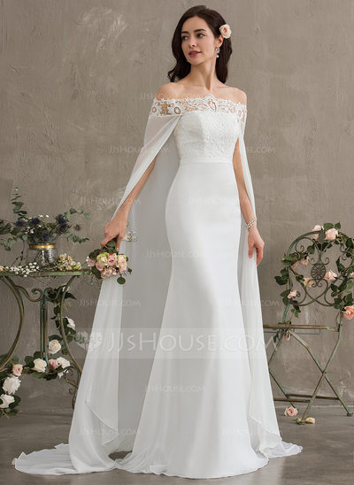 Stretch Wedding Dresses Elegant Sheath Column F the Shoulder Court Train Chiffon Wedding Dress
