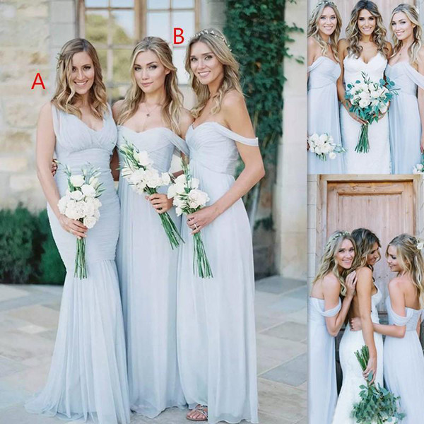 Summer Wedding Bridesmaid Dresses New Beach Bridesmaid Dresses 2017 Ice Blue Chiffon Ruched F the Shoulder Summer Wedding Party Gowns Long Cheap Simple Dress for Girls 50s Style